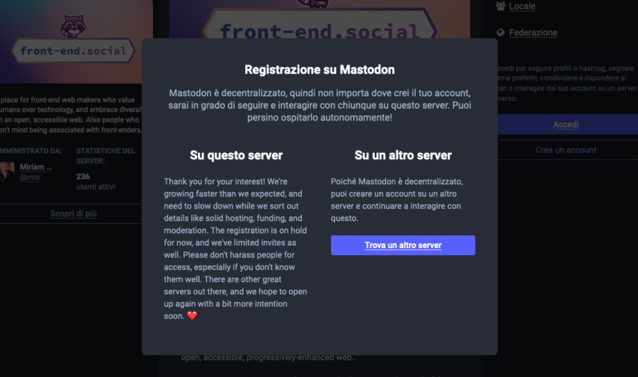 Schermata di login di un server Mastodon che segnala che il server è pieno