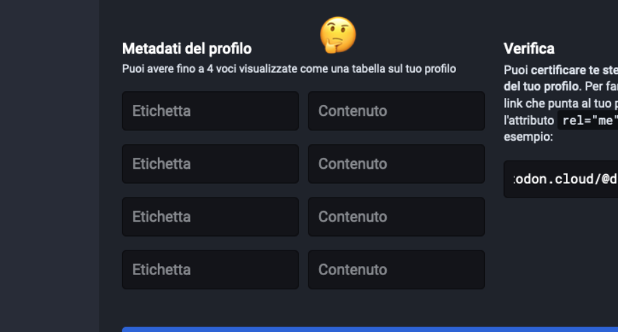 Sezione delle impostazioni "metadati del profilo" del mio profilo Mastodon