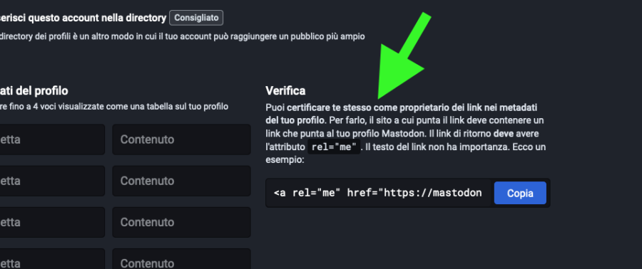 Parte delle impostazioni personali di un profilo Mastodon