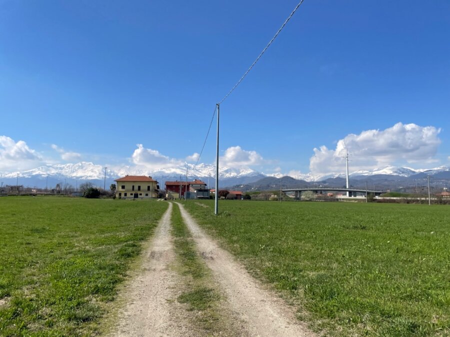 strada sterrata con le Alpi sullo sfondo