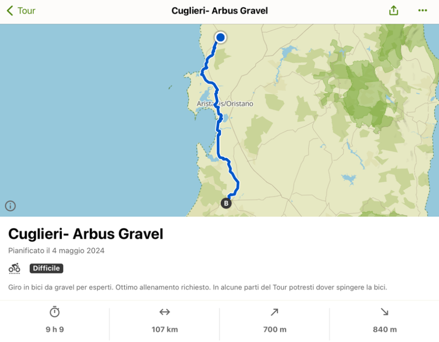 Tragitto da Cuglieri ad Arbus, versione facile in gravel