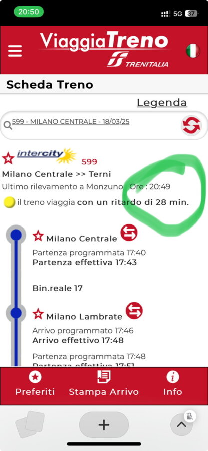 Schermata del telefono che evidenzia il ritardo del treno