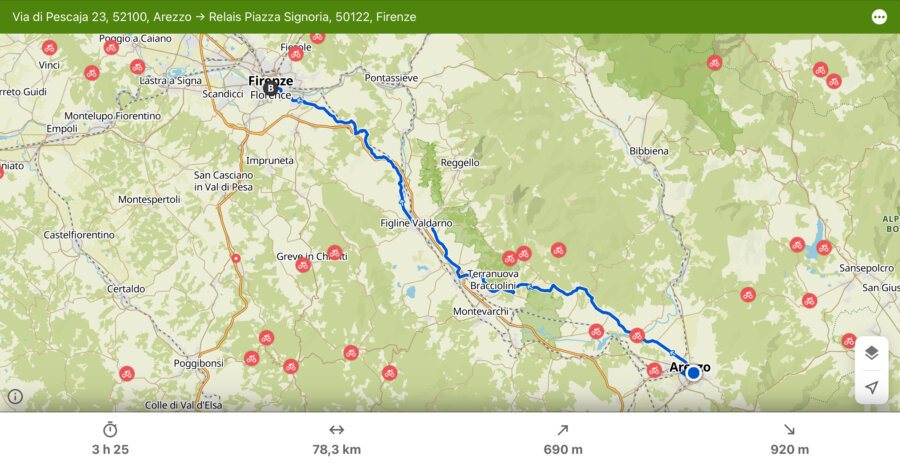 Percorso da Arezzo a Firenze