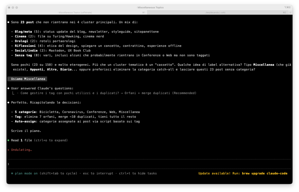 riorganizzazione delle categorie e delle tag via Claude code